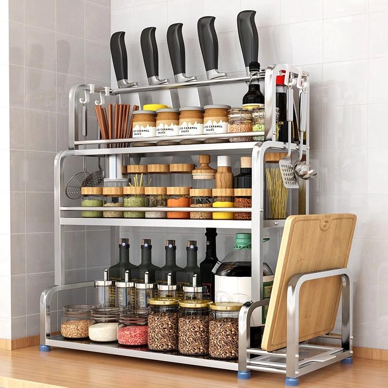 Kệ Gia Vị INOX Cao Cấp Không Han Gỉ, Kệ Để Đồ Nhà Bếp Đa Năng, Kệ Cài Thớt Cắm Dao Tiện Dụng