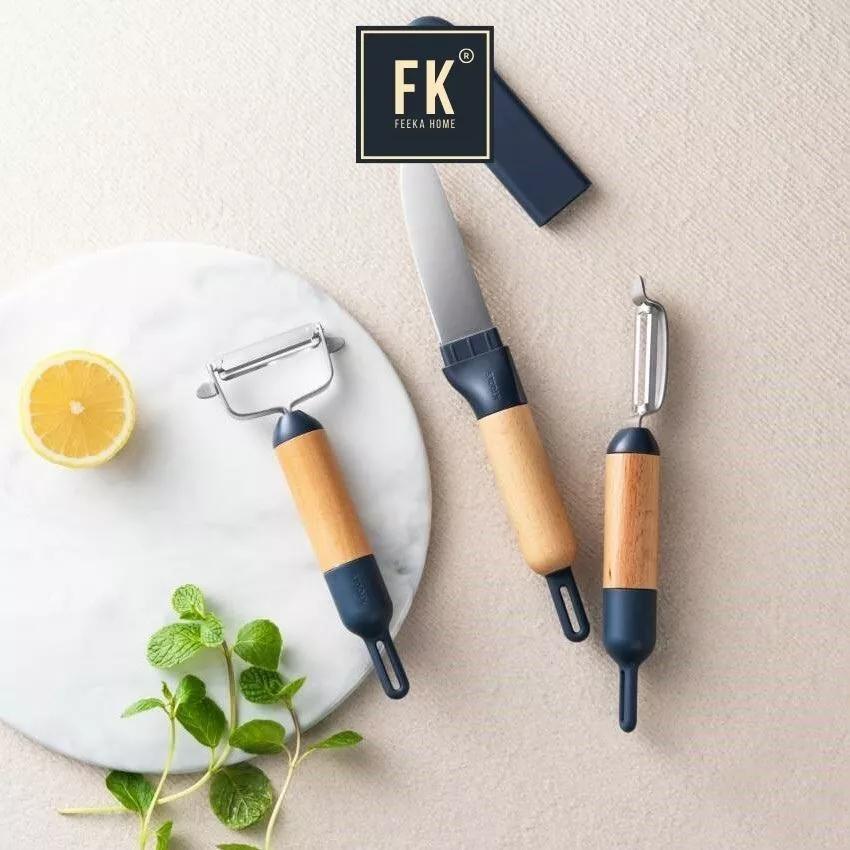 Dao gọt hoa quả FEEKA có nắp đậy đi du lịch, dao gọt trái cây cán gỗ siêu đẹp 27cm