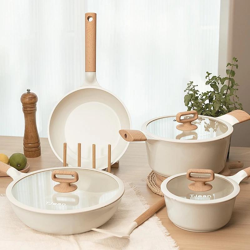 TJean Bộ nồi đá gốm chống dính tay chảo (7 chiếc) Thích hợp cho tất cả các bếp - Chảo nướng / Chảo / Nồi súp / Chảo sốt
