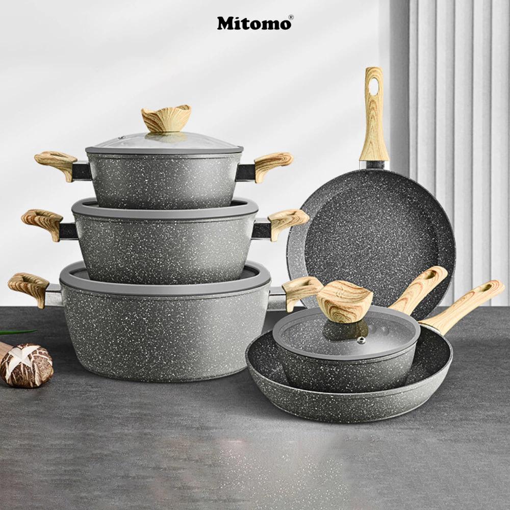 Bộ nồi chảo vân đá 6 món chống dính cao cấp Mitomo Queen Time, dùng cho bếp từ, bếp ga - Hàng chính hãng